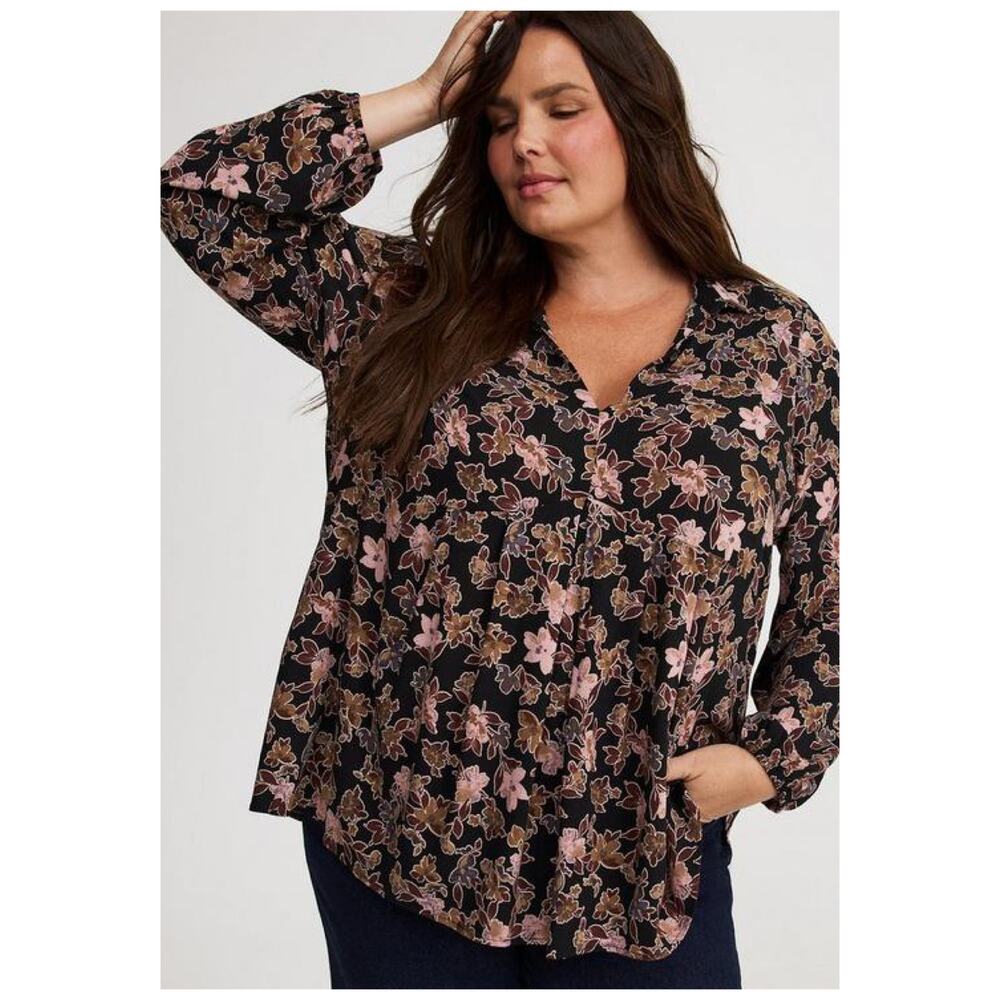 Torrid Black Floral Rayon Slub High Low Tunic Blouse Sz.4 NWT